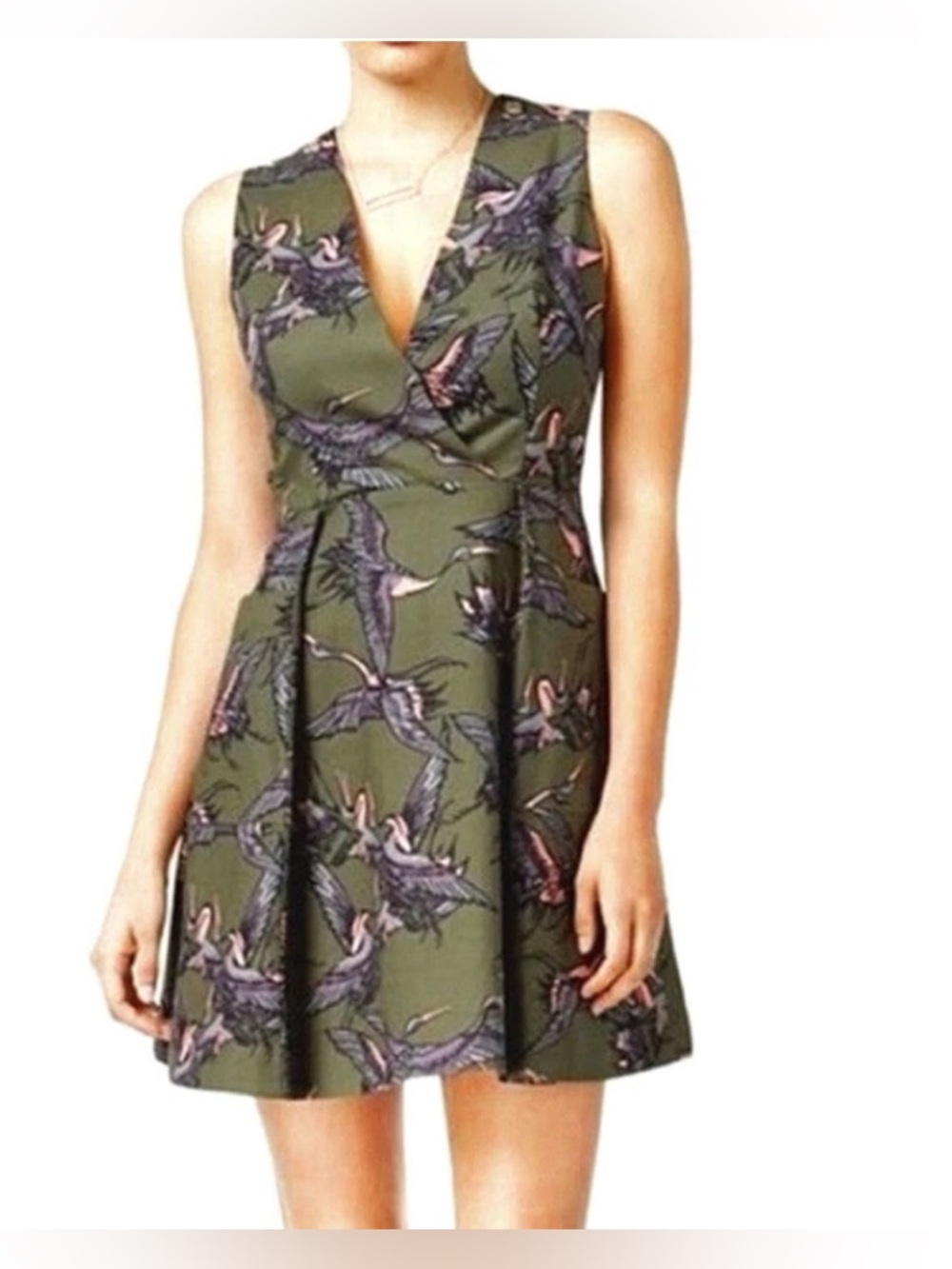 Rachel Roy Women’s Dress Peasants Bird Army Green A Line Y2K XS Lined Seagull
